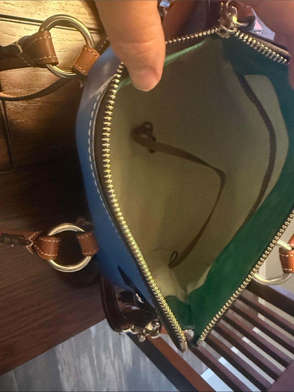 Dooney & Bourke Blue Leather Satchel with Brown Trim and Handles - Picture 4 of 4